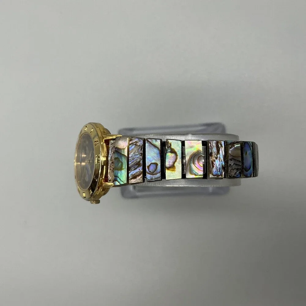 Vintage Pearl Womens Watch 24mm Abalone Dial Gold Tone Stretch Band New Battery